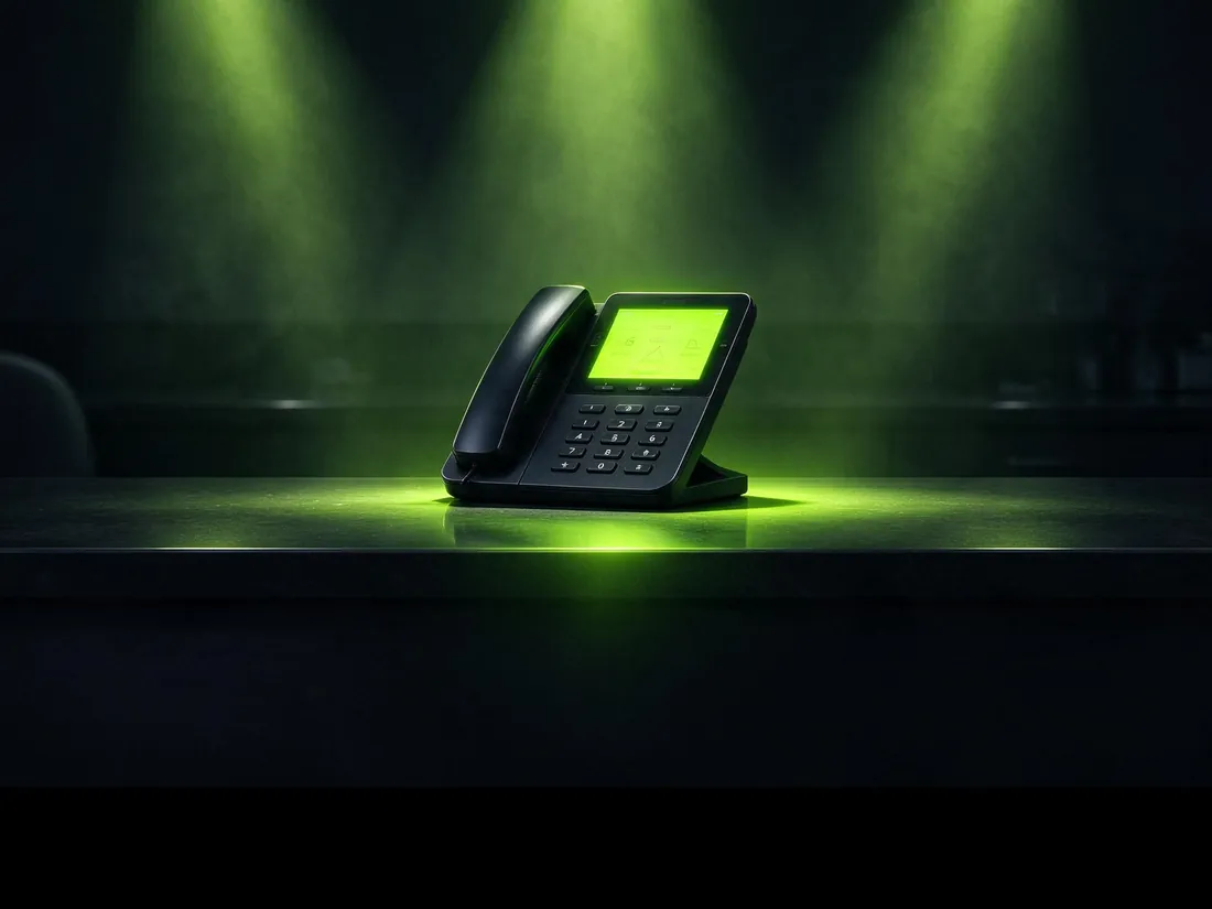 A desk phone glowing lime green under three spotlights
